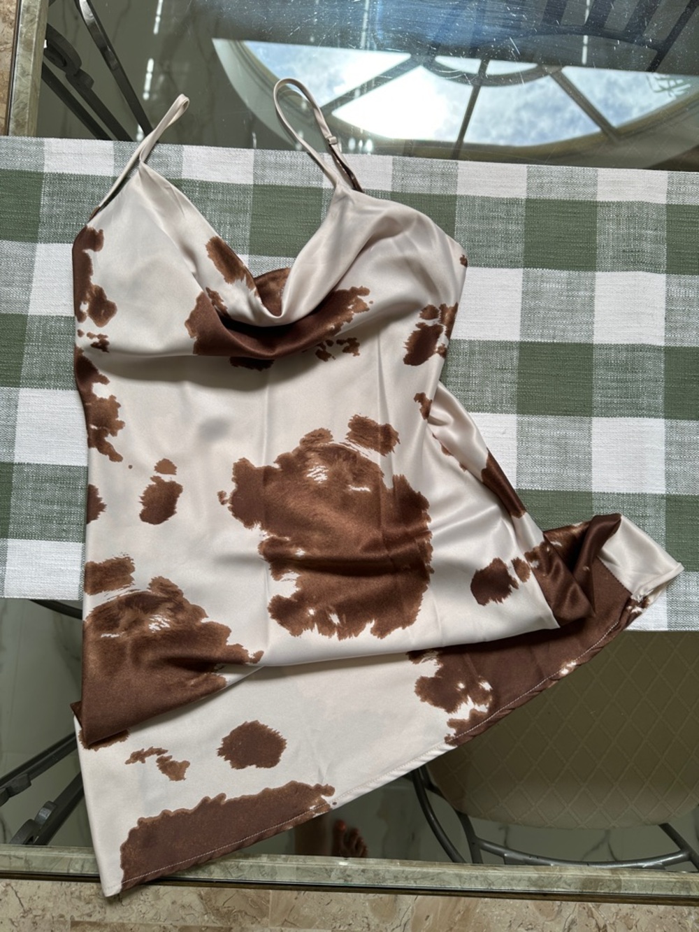Cow Print Satin Slip Dress in Cream & Brown
